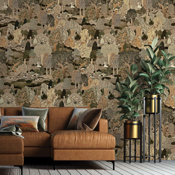Modern Landscape Trees Wall Mural, Yellow Green Village Wallpaper, Extra Large Custom Size Wall Art, Non - Woven, Non - Adhesive, Removable, Washable - Adawall Wallpaper - Registered Trade Accounts Only, Wallpaper Wholesale Account - SE314-3 - Adawall Wholesale - Wallpaper Wholesaler