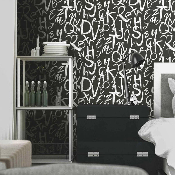 Modern Letters Wallpaper, Rich Textured Wallcovering, Traditional, Kids Room, Large 114 sq ft Roll, Washable, Alphabets Wallpaper, Black - Adawall Wallpaper - Registered Trade Accounts Only, Wallpaper Wholesale Account - 4702-3 - Adawall Wholesale - Wallpaper Wholesaler