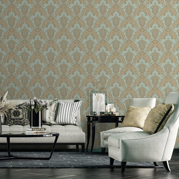 Modern Light Teal, Gold Damask Wallpaper, Home Wall Decor, Aesthetic Wallpaper, Textured Wallcovering Non - Adhesive and Non - Peel and Stick - Adawall Wallpaper - Registered Trade Accounts Only, Wallpaper Wholesale Account - 5809-3 - Adawall Wholesale - Wallpaper Wholesaler