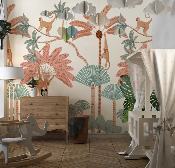 Monkey and Trees Wallpaper, Jungle Mural, Oversized Custom Size Wall Art, Non - Woven, Non - Adhesive, Modern Wall Paper, Removable - Adawall Wallpaper - Registered Trade Accounts Only, Wallpaper Wholesale Account - W77777 - Adawall Wholesale - Wallpaper Wholesaler