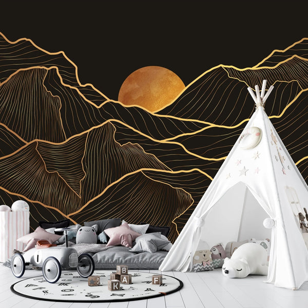 Mountain Gold Line Art Wallpaper, Black Background Mural, Oversized Custom Size Wall Art, Non - Woven, Non - Adhesive, Modern Wall Paper, Removable - Adawall Wallpaper - Registered Trade Accounts Only, Wallpaper Wholesale Account - W77907 - Adawall Wholesale - Wallpaper Wholesaler