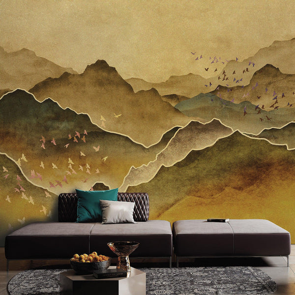 Mountain Scenic Wall Mural, Yellow Nature Wallpaper, Custom Size Wall Covering, Non - Woven, Non - Pasted, Removable, Washable, Extra Large Bird Art - Adawall Wallpaper - Registered Trade Accounts Only, Wallpaper Wholesale Account - FJ317-1 - Adawall Wholesale - Wallpaper Wholesaler