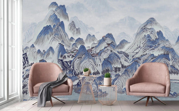 Mountains Scenic Wall Mural, Blue Landscape Wallpaper, Modern Custom Size Wall Covering, Non - Woven, Non - Pasted, Washable, Removable, Extra Large Wall Covering - Adawall Wallpaper - Registered Trade Accounts Only, Wallpaper Wholesale Account - FJ318-3 - Adawall Wholesale - Wallpaper Wholesaler