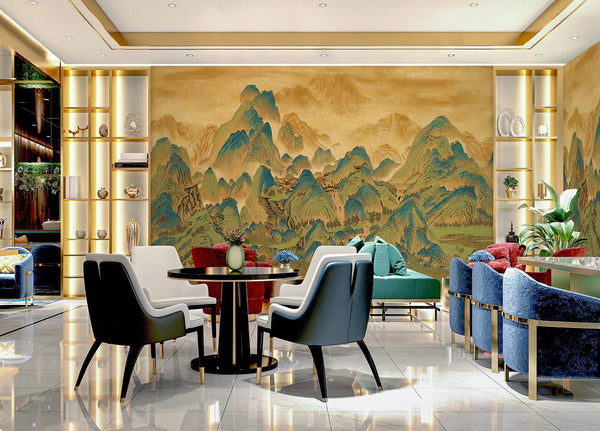 Mountains Scenic Wall Mural, Yellow Landscape Wallpaper, Modern Custom Size Wall Covering, Non - Woven, Non - Pasted, Washable, Removable, Extra Large Wall Covering - Adawall Wallpaper - Registered Trade Accounts Only, Wallpaper Wholesale Account - FJ318-1 - Adawall Wholesale - Wallpaper Wholesaler