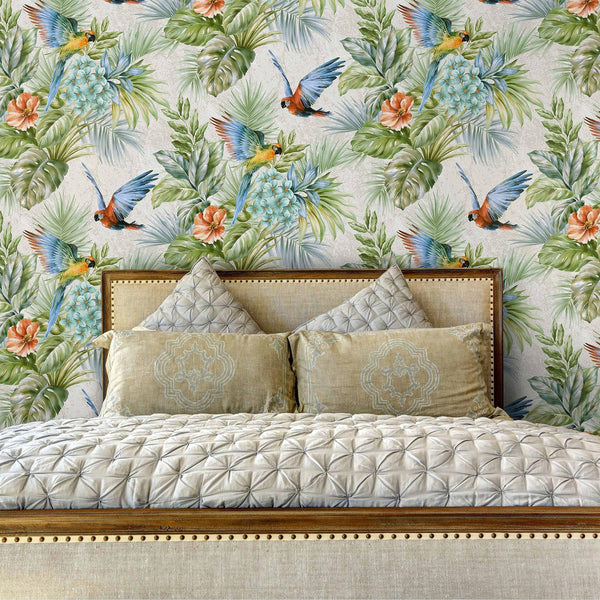 Multi - Color Birds Deep Embossed Wallpaper, White, Red, Blue Stylish 3D Textured Tropical Plants Wallcovering - Adawall Wallpaper - Registered Trade Accounts Only, Wallpaper Wholesale Account - 9905-3 - Adawall Wholesale - Wallpaper Wholesaler