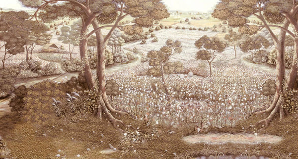 Nature Landscape Wall Mural, Light Beige Vintage Trees Scene Wallpaper, Flowers Extra Large Custom Size Wall Art, Non-Woven, Non-Pasted, Removable, Washable - Walloro High End Wallcoverings & More