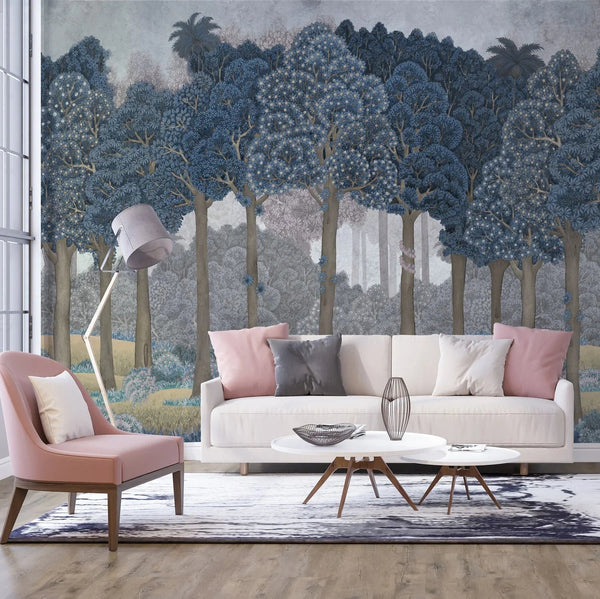 Nature Scene Trees Wall Mural, Blue Forest Wallpaper, Large Landscape Custom Size Wall Covering, Non - Woven, Non - Pasted, Removable, Washable, Art - Adawall Wallpaper - Registered Trade Accounts Only, Wallpaper Wholesale Account - SE306-2 - Adawall Wholesale - Wallpaper Wholesaler