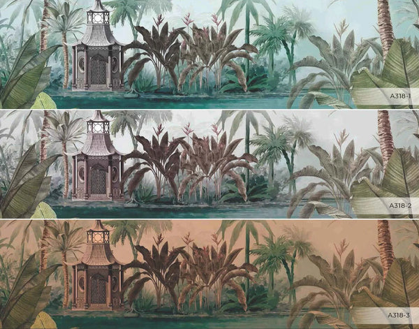 Nature Theme Wall Mural, Palm Trees Lake Scenic Wall Mural, Light Green Jungle Scene Large Wall Art, Non-Woven, Non-Adhesive, Removable, Exotic Wall Paper, Washable - Walloro High End Wallcoverings & More