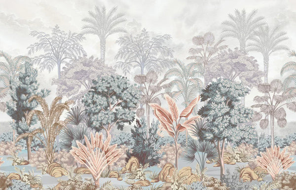 Nature Tropical Wallpaper, Green Forest Wall Mural, Custom Size Trees Wall Art, Non-Woven, Non-Pasted, Removable, Washable, Oversized Wall Paper - Walloro High End Wallcoverings & More