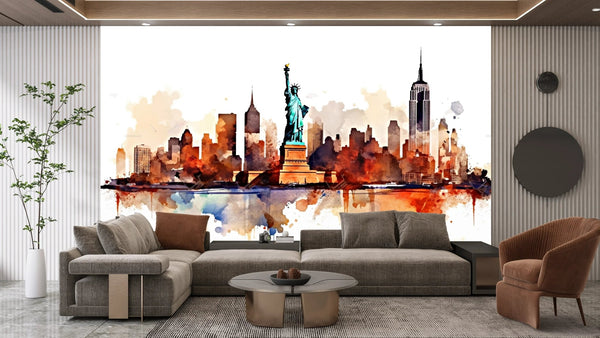 New York Wallpaper, Watercolor Mural, Oversized Custom Size Wall Art, Non - Woven, Non - Adhesive, Modern Wall Paper, Removable - Adawall Wallpaper - Registered Trade Accounts Only, Wallpaper Wholesale Account - W77819 - Adawall Wholesale - Wallpaper Wholesaler