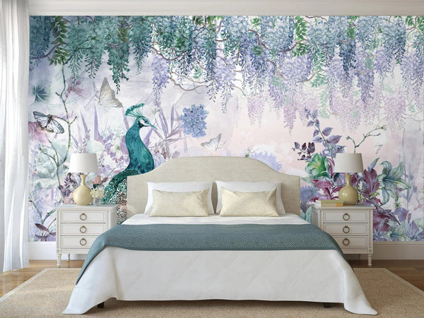 Peacock Forest Wall Mural, Green Scenic Non - Woven Nature Theme Large Wall Poster, Non - Adhesive Modern Jungle Wall Art - Adawall Wallpaper - Registered Trade Accounts Only, Wallpaper Wholesale Account - A300-2 - Adawall Wholesale - Wallpaper Wholesaler
