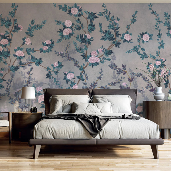 Peony Chinoiserie Blossom Wall Mural, Blue Floral Bloom Wallpaper, Oversized Contemporary Custom Size Wall Art, Non-Woven, Non-Pasted, Removable - Walloro High End Wallcoverings & More