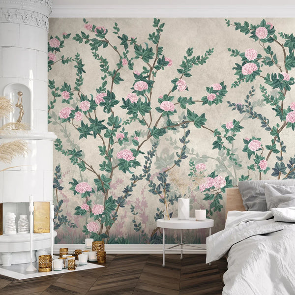 Peony Chinoiserie Blossom Wall Mural, Green Floral Bloom Wallpaper, Oversized Contemporary Custom Size Wall Art, Non-Woven, Non-Pasted, Removable - Walloro High End Wallcoverings & More