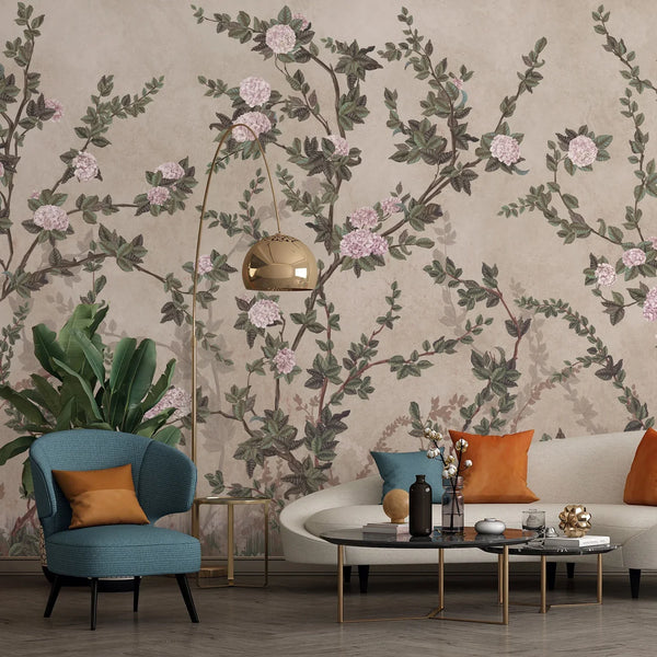 Peony Chinoiserie Blossom Wall Mural, Light Green Floral Bloom Wallpaper, Oversized Contemporary Custom Size Wall Art, Non-Woven, Non-Pasted, Removable - Walloro High End Wallcoverings & More