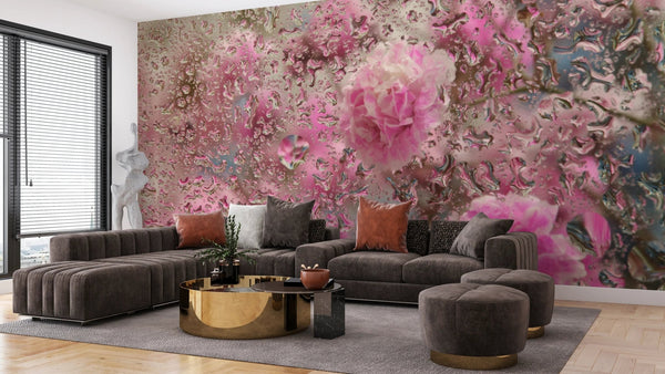 Pink Flowers Wallpaper, Through Glass, Water Drops Mural, Oversized Custom Size Wall Art, Non - Woven, Non - Adhesive, Modern Wall Paper, Removable - Adawall Wallpaper - Registered Trade Accounts Only, Wallpaper Wholesale Account - W78111 - Adawall Wholesale - Wallpaper Wholesaler