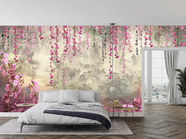 Pink Sakura Flowers Wallpaper, Chinoiserie Mural, Oversized Custom Size Wall Art, Non - Woven, Non - Adhesive, Modern Wall Paper, Removable - Adawall Wallpaper - Registered Trade Accounts Only, Wallpaper Wholesale Account - W78110 - Adawall Wholesale - Wallpaper Wholesaler