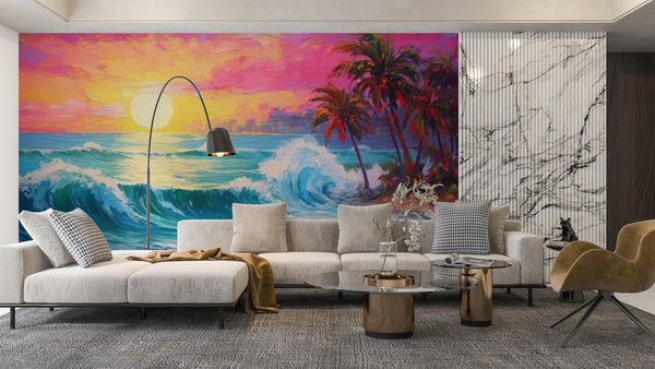 Pink Sky, Sunrise and Sea View Wallpaper, Oil Painting Mural, Oversized Custom Size Wall Art, Non - Woven, Non - Adhesive, Modern Wall Paper, Removable - Adawall Wallpaper - Registered Trade Accounts Only, Wallpaper Wholesale Account - W77605 - Adawall Wholesale - Wallpaper Wholesaler