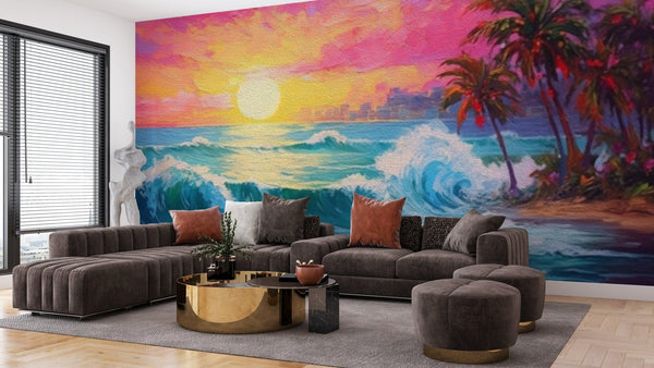Pink Sky, Sunrise and Sea View Wallpaper, Oil Painting Mural, Oversized Custom Size Wall Art, Non - Woven, Non - Adhesive, Modern Wall Paper, Removable - Adawall Wallpaper - Registered Trade Accounts Only, Wallpaper Wholesale Account - W77605 - Adawall Wholesale - Wallpaper Wholesaler
