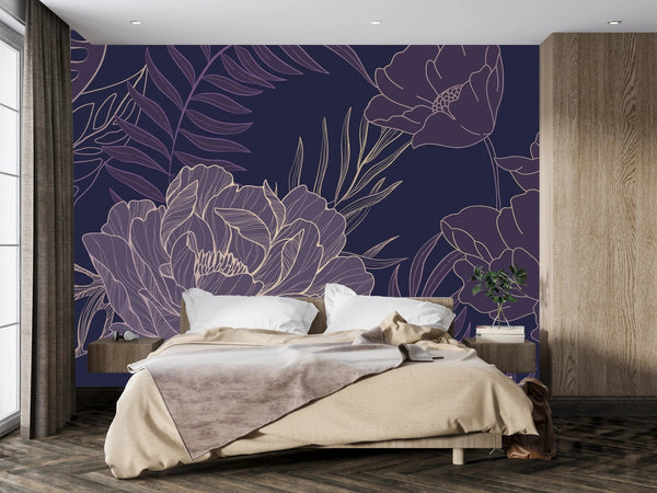 Purple Flowers Wallpaper, Big Leaves Mural, Oversized Custom Size Wall Art, Non - Woven, Non - Adhesive, Modern Wall Paper, Removable - Adawall Wallpaper - Registered Trade Accounts Only, Wallpaper Wholesale Account - W77932 - Adawall Wholesale - Wallpaper Wholesaler