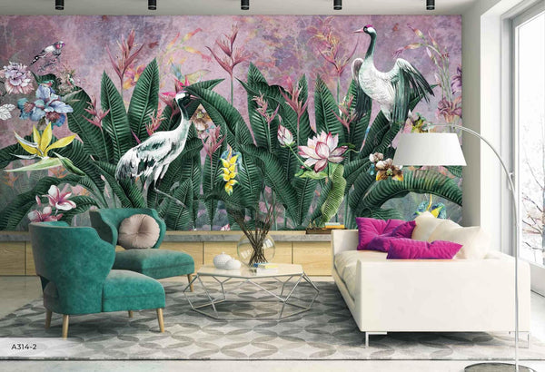 Purple Jungle Birds Wallpaper, Nature Forest Tropical Theme Wall Mural, Extra Large Customizable, Non - Adhesive, Removable Wall Paper, Leaves Flower - Adawall Wallpaper - Registered Trade Accounts Only, Wallpaper Wholesale Account - A314-2 - Adawall Wholesale - Wallpaper Wholesaler
