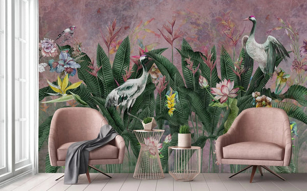 Purple Jungle Birds Wallpaper, Nature Forest Tropical Theme Wall Mural, Extra Large Customizable, Non - Adhesive, Removable Wall Paper, Leaves Flower - Adawall Wallpaper - Registered Trade Accounts Only, Wallpaper Wholesale Account - A314-2 - Adawall Wholesale - Wallpaper Wholesaler