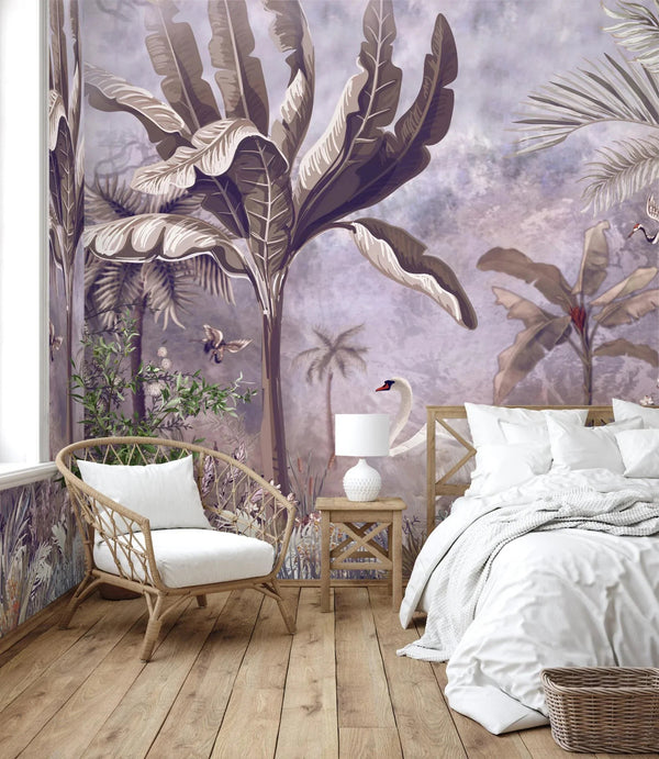 Purple Modern Luxury Tropical Wallpaper, Swan, Non - Woven Custom Wall Mural, Non - Adhesive, Washable, Decorative, Removable, Home Decor Wall Art - Adawall Wallpaper - Registered Trade Accounts Only, Wallpaper Wholesale Account - A302-2 - Adawall Wholesale - Wallpaper Wholesaler