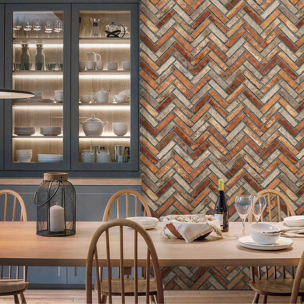 Realistic Embossed Brick Wallpaper, Red, Orange Chevron Pattern Stone Wall Decor, Home Commercial Use Textured Wallcovering - Walloro High End Wallcoverings & More