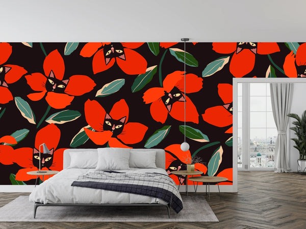 Red Floral, Kittens Wallpaper, Seamless Pattern Mural, Oversized Custom Size Wall Art, Non - Woven, Non - Adhesive, Modern Wall Paper, Removable - Adawall Wallpaper - Registered Trade Accounts Only, Wallpaper Wholesale Account - W77875 - Adawall Wholesale - Wallpaper Wholesaler