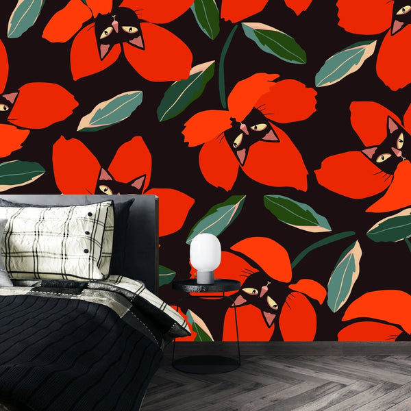 Red Floral, Kittens Wallpaper, Seamless Pattern Mural, Oversized Custom Size Wall Art, Non - Woven, Non - Adhesive, Modern Wall Paper, Removable - Adawall Wallpaper - Registered Trade Accounts Only, Wallpaper Wholesale Account - W77875 - Adawall Wholesale - Wallpaper Wholesaler