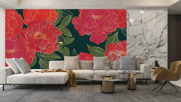 Red Peonies Wallpaper, Luxurious Gold Mural, Oversized Custom Size Wall Art, Non - Woven, Non - Adhesive, Modern Wall Paper, Removable - Adawall Wallpaper - Registered Trade Accounts Only, Wallpaper Wholesale Account - W77926 - Adawall Wholesale - Wallpaper Wholesaler