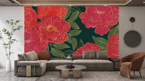 Red Peonies Wallpaper, Luxurious Gold Mural, Oversized Custom Size Wall Art, Non - Woven, Non - Adhesive, Modern Wall Paper, Removable - Adawall Wallpaper - Registered Trade Accounts Only, Wallpaper Wholesale Account - W77926 - Adawall Wholesale - Wallpaper Wholesaler