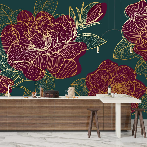 Red Rose Wallpaper, Green Background Mural, Oversized Custom Size Wall Art, Non - Woven, Non - Adhesive, Modern Wall Paper, Removable - Adawall Wallpaper - Registered Trade Accounts Only, Wallpaper Wholesale Account - W77930 - Adawall Wholesale - Wallpaper Wholesaler