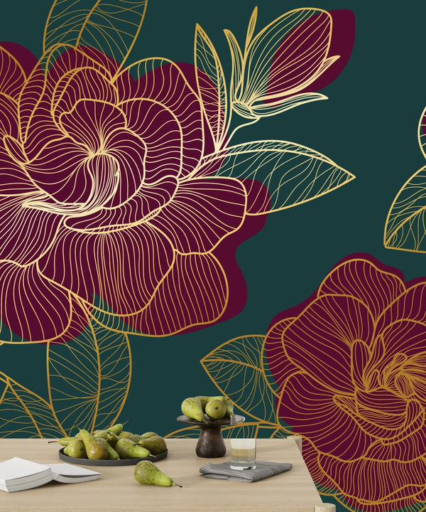 Red Rose Wallpaper, Green Background Mural, Oversized Custom Size Wall Art, Non - Woven, Non - Adhesive, Modern Wall Paper, Removable - Adawall Wallpaper - Registered Trade Accounts Only, Wallpaper Wholesale Account - W77930 - Adawall Wholesale - Wallpaper Wholesaler