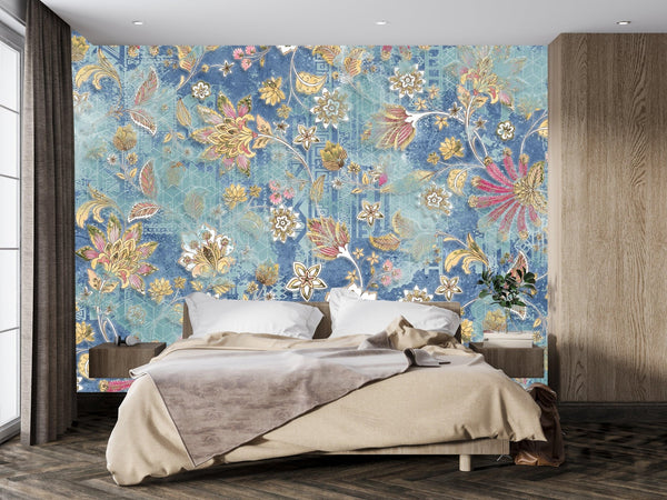 Rose Flower Wallpaper, Blue Background Mural, Oversized Custom Size Wall Art, Non - Woven, Non - Adhesive, Modern Wall Paper, Removable - Adawall Wallpaper - Registered Trade Accounts Only, Wallpaper Wholesale Account - W77844 - Adawall Wholesale - Wallpaper Wholesaler