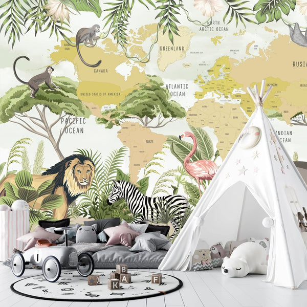 Safari Animals Wallpaper, Kids World Map Mural, Oversized Custom Size Wall Art, Non - Woven, Non - Adhesive, Modern Wall Paper, Removable - Adawall Wallpaper - Registered Trade Accounts Only, Wallpaper Wholesale Account - W77754 - Adawall Wholesale - Wallpaper Wholesaler