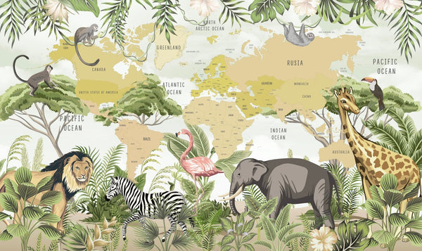 Safari Animals Wallpaper, Kids World Map Mural, Oversized Custom Size Wall Art, Non - Woven, Non - Adhesive, Modern Wall Paper, Removable - Adawall Wallpaper - Registered Trade Accounts Only, Wallpaper Wholesale Account - W77754 - Adawall Wholesale - Wallpaper Wholesaler