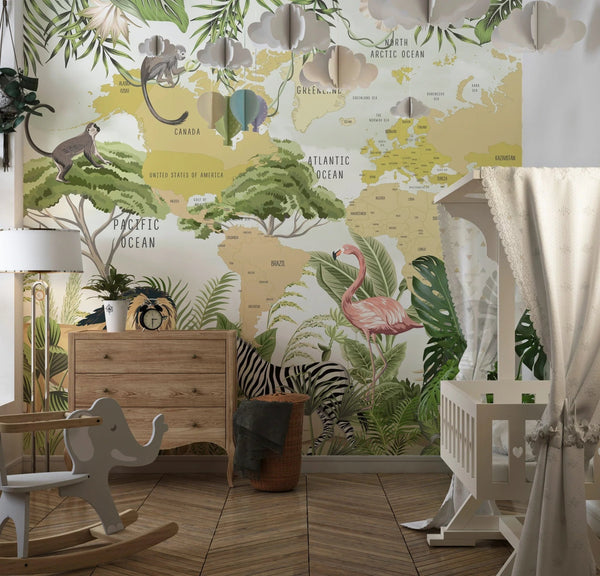 Safari Animals Wallpaper, Kids World Map Mural, Oversized Custom Size Wall Art, Non - Woven, Non - Adhesive, Modern Wall Paper, Removable - Adawall Wallpaper - Registered Trade Accounts Only, Wallpaper Wholesale Account - W77754 - Adawall Wholesale - Wallpaper Wholesaler