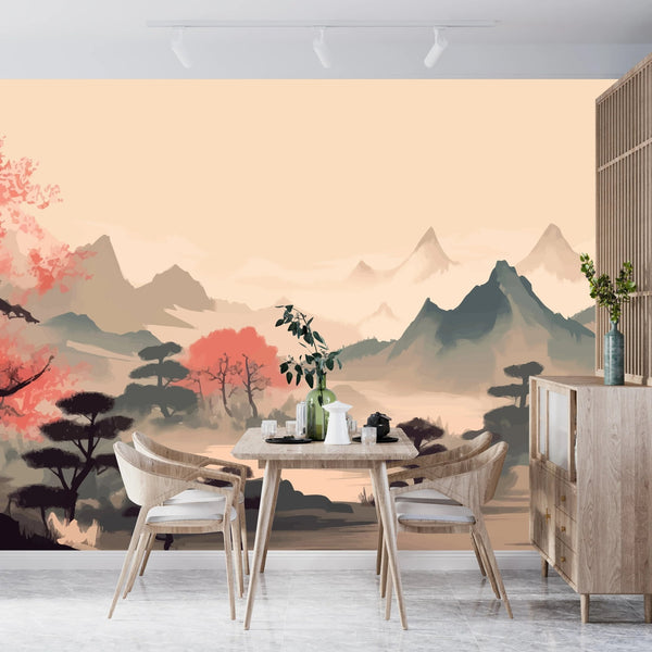 Sakura Trees Wallpaper, Traditional Ink Landscape Mural, Oversized Custom Size Wall Art, Non - Woven, Non - Adhesive, Modern Wall Paper, Removable - Adawall Wallpaper - Registered Trade Accounts Only, Wallpaper Wholesale Account - W78156 - Adawall Wholesale - Wallpaper Wholesaler