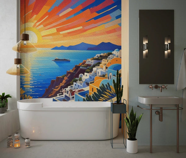 Santorini Sunset Wallpaper, Oil Painting Mural, Oversized Custom Size Wall Art, Non - Woven, Non - Adhesive, Modern Wall Paper, Removable - Adawall Wallpaper - Registered Trade Accounts Only, Wallpaper Wholesale Account - W77609 - Adawall Wholesale - Wallpaper Wholesaler