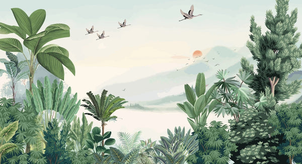 Scenic Jungle Wallpaper, Flying Birds Mural, Oversized Custom Size Wall Art, Non - Woven, Non - Adhesive, Modern Wall Paper, Removable - Adawall Wallpaper - Registered Trade Accounts Only, Wallpaper Wholesale Account - W78195 - Adawall Wholesale - Wallpaper Wholesaler