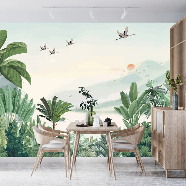 Scenic Jungle Wallpaper, Flying Birds Mural, Oversized Custom Size Wall Art, Non - Woven, Non - Adhesive, Modern Wall Paper, Removable - Adawall Wallpaper - Registered Trade Accounts Only, Wallpaper Wholesale Account - W78195 - Adawall Wholesale - Wallpaper Wholesaler