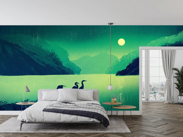 Shiny Moon Wallpaper, Birds Mural, Oversized Custom Size Wall Art, Non - Woven, Non - Adhesive, Modern Wall Paper, Removable - Adawall Wallpaper - Registered Trade Accounts Only, Wallpaper Wholesale Account - W78163 - Adawall Wholesale - Wallpaper Wholesaler