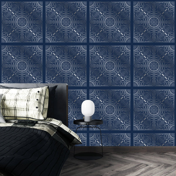 Silver Art Deco Wallpaper, Dark Blue Background Mural, Oversized Custom Size Wall Art, Non - Woven, Non - Adhesive, Modern Wall Paper, Removable - Adawall Wallpaper - Registered Trade Accounts Only, Wallpaper Wholesale Account - W77803 - Adawall Wholesale - Wallpaper Wholesaler