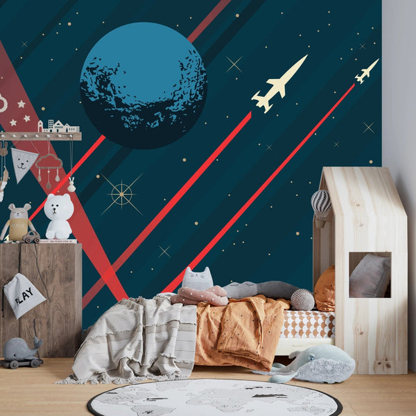 Space Wallpaper, Retro Future Style Mural, Oversized Custom Size Wall Art, Non - Woven, Non - Adhesive, Modern Wall Paper, Removable - Adawall Wallpaper - Registered Trade Accounts Only, Wallpaper Wholesale Account - W77800 - Adawall Wholesale - Wallpaper Wholesaler