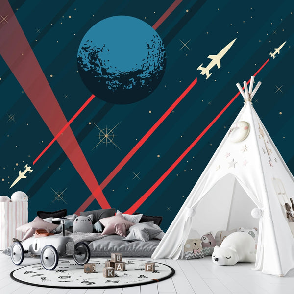 Space Wallpaper, Retro Future Style Mural, Oversized Custom Size Wall Art, Non - Woven, Non - Adhesive, Modern Wall Paper, Removable - Adawall Wallpaper - Registered Trade Accounts Only, Wallpaper Wholesale Account - W77800 - Adawall Wholesale - Wallpaper Wholesaler