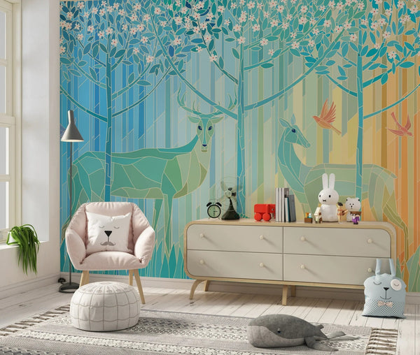 Stained Glass Deers Wallpaper, Spring Forest Mural, Oversized Custom Size Wall Art, Non - Woven, Non - Adhesive, Modern Wall Paper, Removable - Adawall Wallpaper - Registered Trade Accounts Only, Wallpaper Wholesale Account - W77948 - Adawall Wholesale - Wallpaper Wholesaler