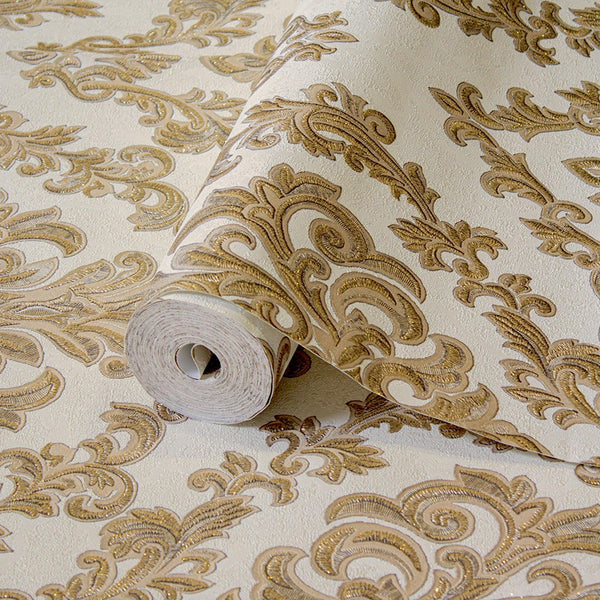 Stylish Baroque Deep Embossed Wallpaper, White, Gold, Timeless Damask Ornate Patterns Sparkling Wallcovering, Elegant Washed Colors Design - Walloro High End Wallcoverings & More