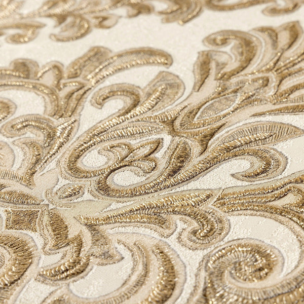 Stylish Baroque Deep Embossed Wallpaper, White, Gold, Timeless Damask Ornate Patterns Sparkling Wallcovering, Elegant Washed Colors Design - Walloro High End Wallcoverings & More