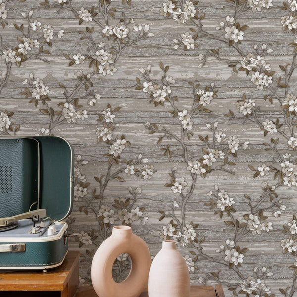 Stylish Floral Wallpaper, Gray, Brown Embossed Flocked Botanical Blossom Pattern, Bloom Design, Trendy Wall Accent Decoration - Adawall Wallpaper - Registered Trade Accounts Only, Wallpaper Wholesale Account - 1505-3 - Adawall Wholesale - Wallpaper Wholesaler