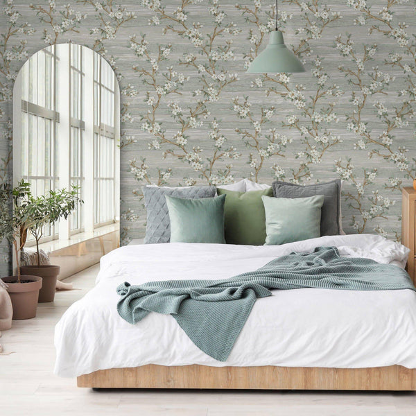 Stylish Floral Wallpaper, Green, White Embossed Flocked Botanical Blossom Pattern, Bloom Design, Trendy Wall Accent Decoration - Adawall Wallpaper - Registered Trade Accounts Only, Wallpaper Wholesale Account - 1505-2 - Adawall Wholesale - Wallpaper Wholesaler